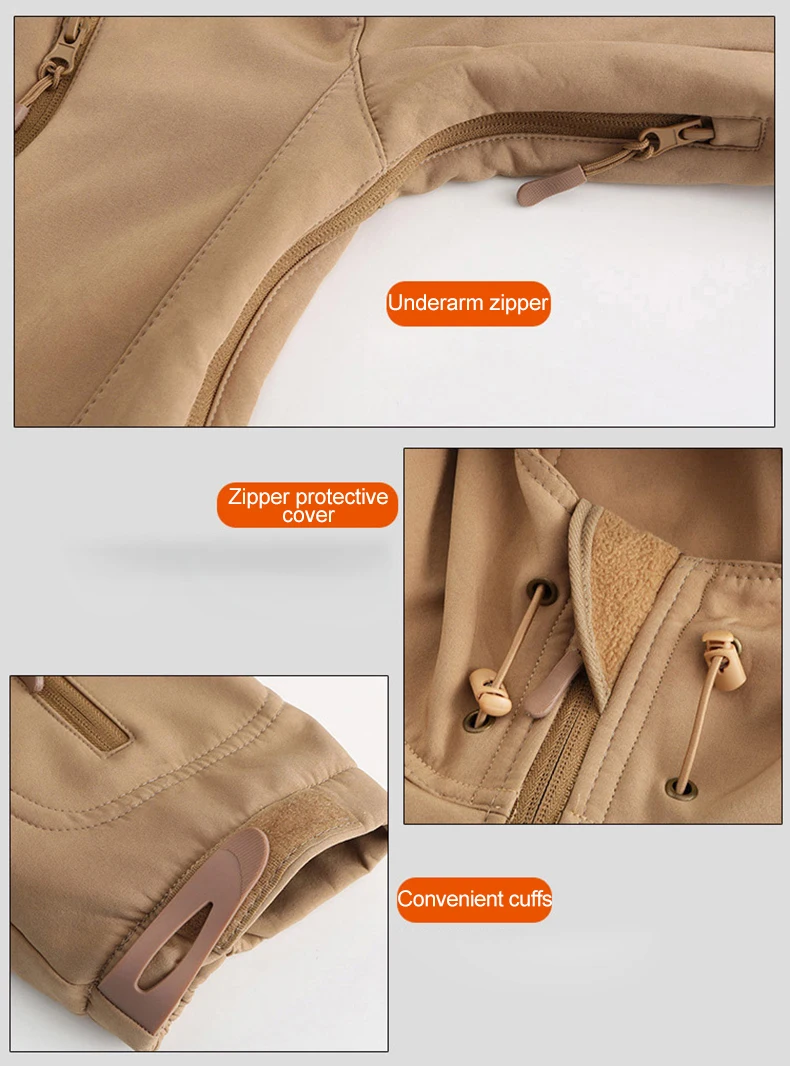 A series of pictures showcasing a stylish tan jacket, perfect for winter with its electric heating feature.