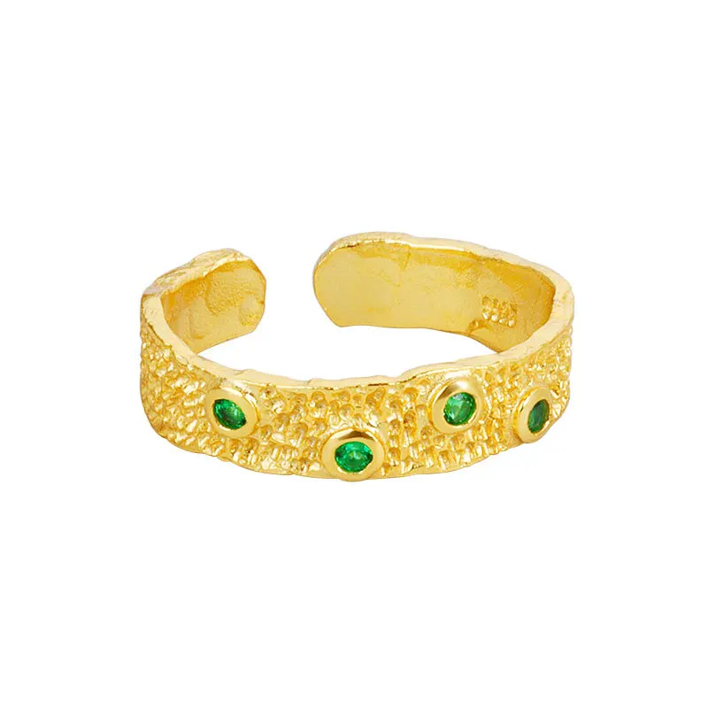 

925 Sterling Silver Gold Color Ring for Women Ladies Green Stone Retro Irregular Texture OL Temperament Adjustable Jewelry Gift