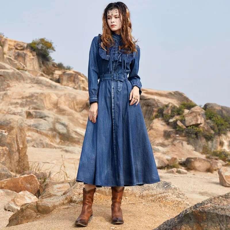 

AYUALIN Casual Ruffles Maxi Denim Dress for Women Vintage Loose Summer Vestidos Floral Embroidery O-neck Long Sleeve Dresses