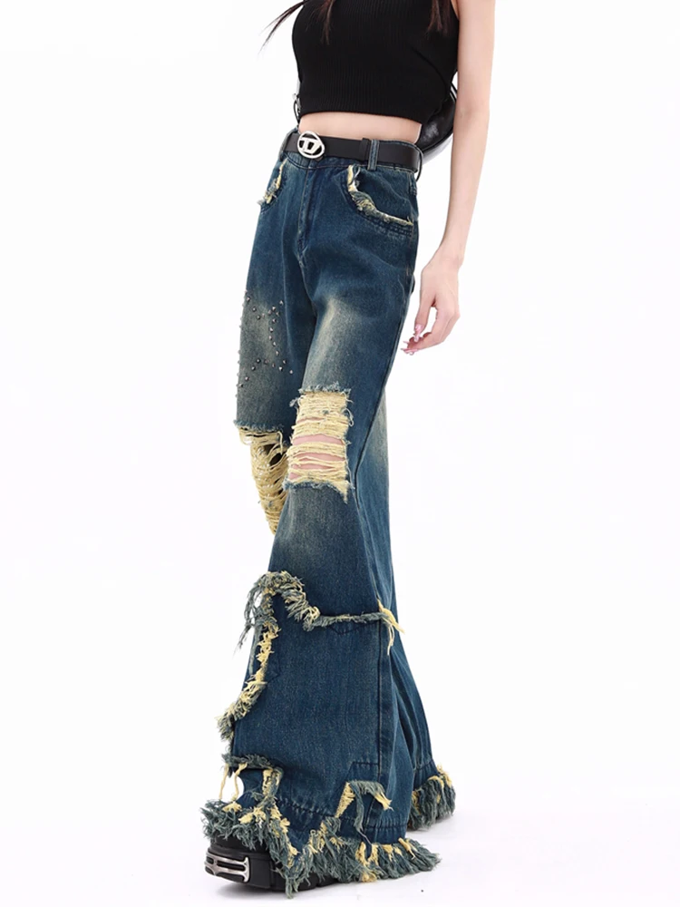Retro American High Street Ripped Holes Jeans Girl Vintage Blue Oversized Denim Trousers Fashion Beaded Wide Leg Pants Women Y2K