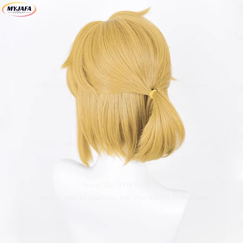 Hochwertige Breath of the Wild Link Cosplay-Perücke, kurz, goldbraun, Zopf, hitzebeständiges Haar, Anime-Spiel-Perücken + Perückenkappe – Detail 5