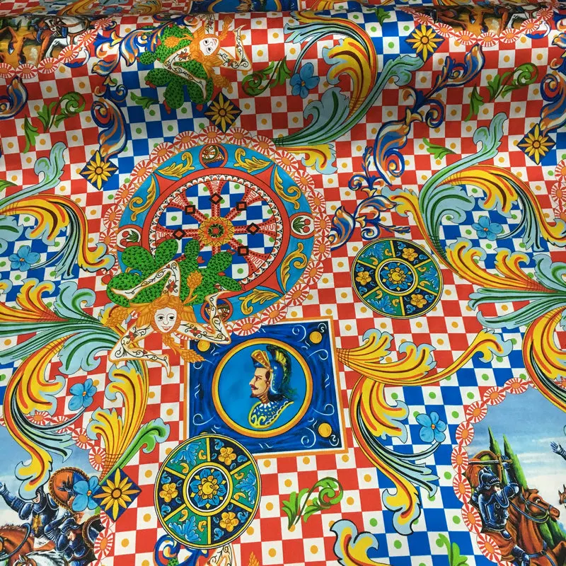 Jedwab rozciągliwy satynowy ciężki barokowy rycerz Medusa szachownica nadruk geometryczny jedwab spódnica tkanina na suknię Alibaba Express