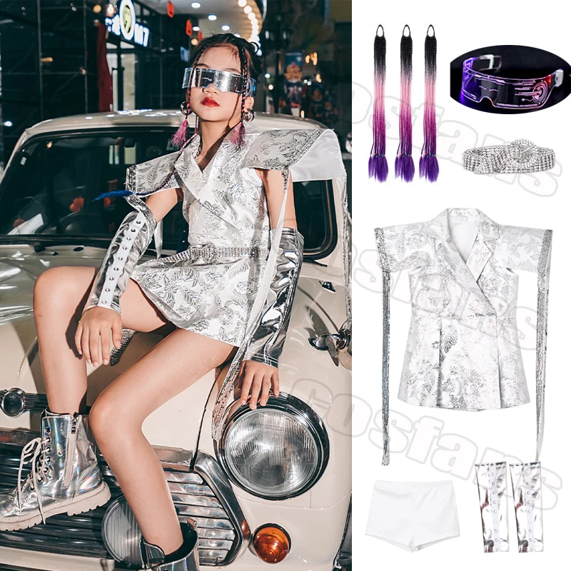 

Kids Girls Jazz Street Stage performance Dance Hiphop Fashion Personality Silver white Jazz Outfits suits Jazz Hip Hop Catwalk