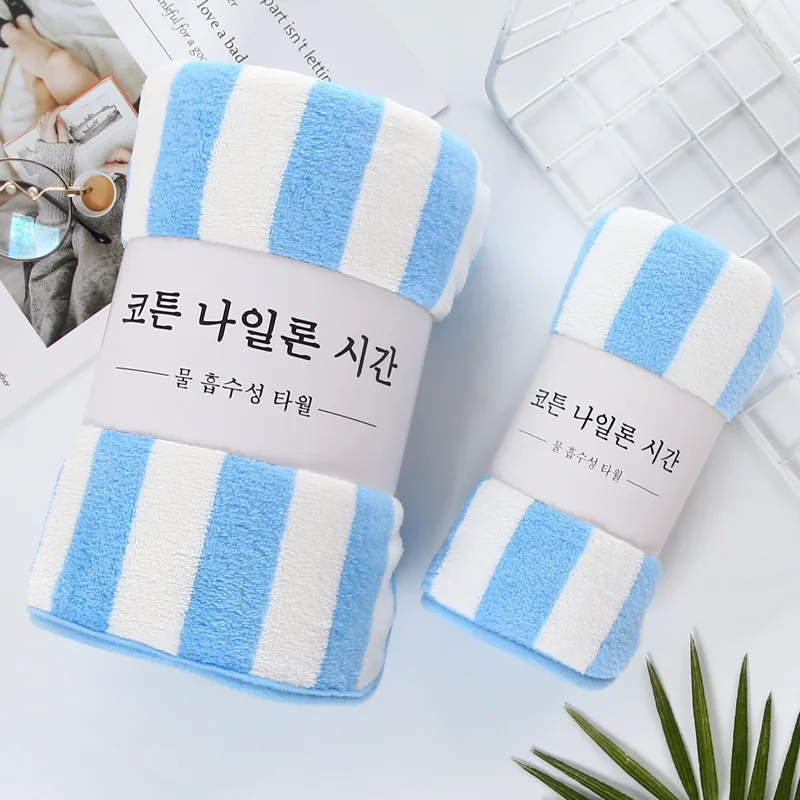 35x75cm Bath Towel Coral Fleece Microfiber Striped Absorbent Face Hand Bathroom Towel