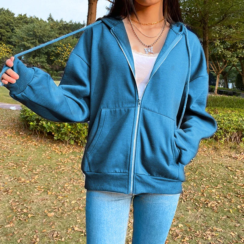 Y2k Clothes Hoodies Sweatshirt Solid Drawstring Zip Up Drop Shoulder Hoodie Women Oversize Coat Harajuku Streetwear Tops
