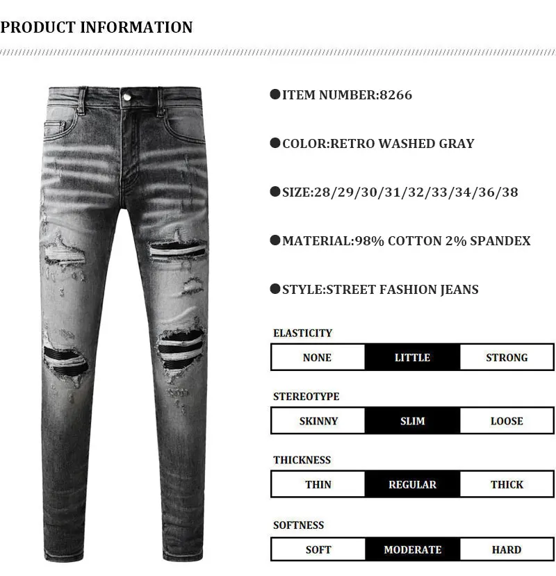 Street Designer Fashion Men Jeans Retro Gray - Detail View
