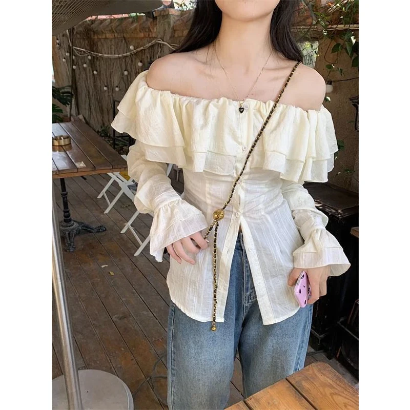 Women Fashion Double Layered Ruffle Sexy Off Shoulder Shirts Casual Street Sweet Chic Blouse Female Solid Slim Long Sleeve Tops