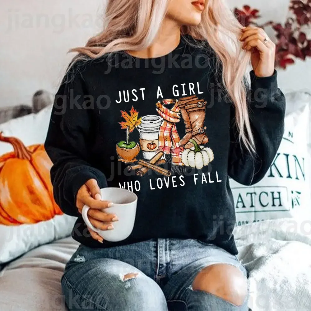 

Just A Girl Who Loves Fall Sweatshirt Thankful Grateful Blessed Hoodie Women Fashion Thanksgiving Pullover Top Halloween Clothes