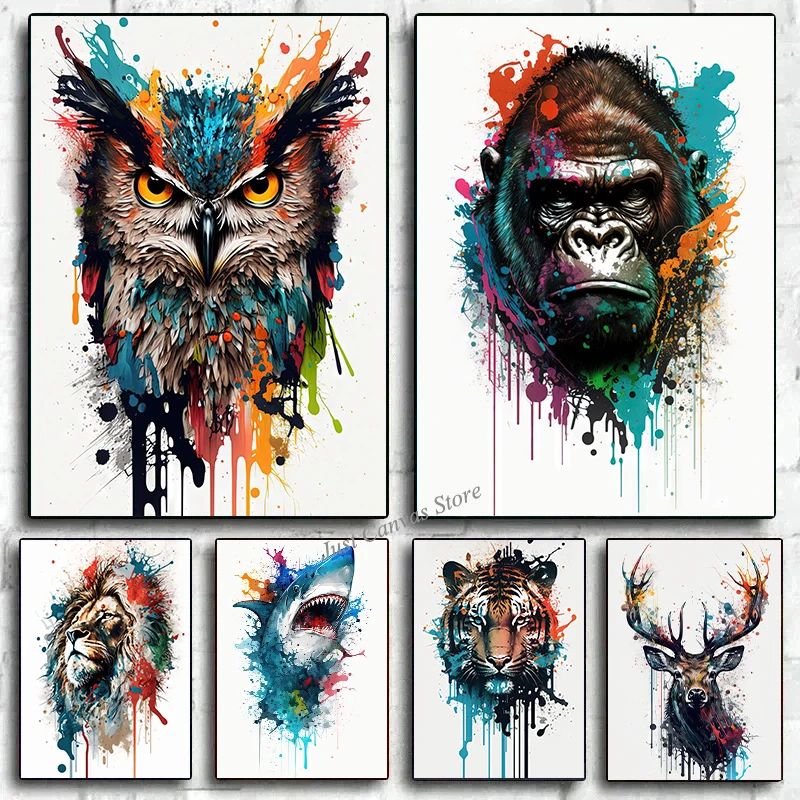 Acquerello Animal Splash Paint Poster Gorilla Owl Shark Tiger Ritratto Canvas Painting Abstract Wall Art Room Decorazione Della Casa