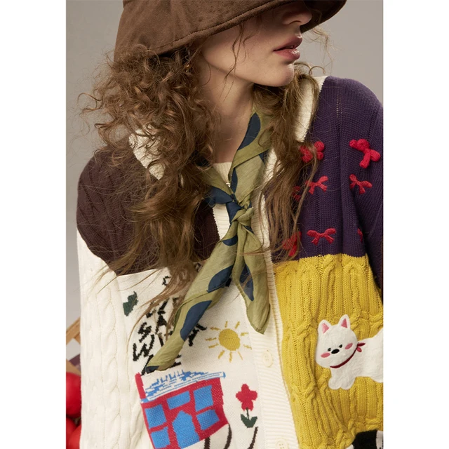ELFSACK 2025 Autumn New Arrivals Casual Cute Color Block Puppy Cartoon Embroidery Cardigan Sweater For Woman 4