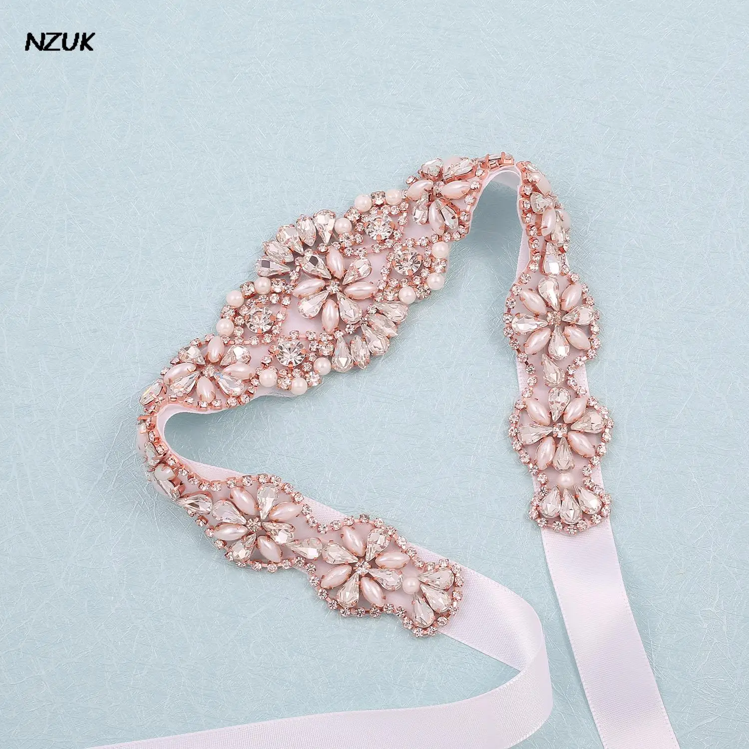 

NZUK Rose Gold Bridal Crystal Belt Handmade Rhinestone Applique Beaded Wedding Sash Sew On Iron On for Cinture Wedding Dress