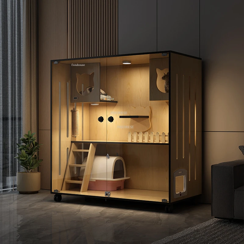 Nordic Solid Wood Cat Cages Indoor Transparent Glass Cat House Simple Panoramic Large Villa Household Waterproof Cage