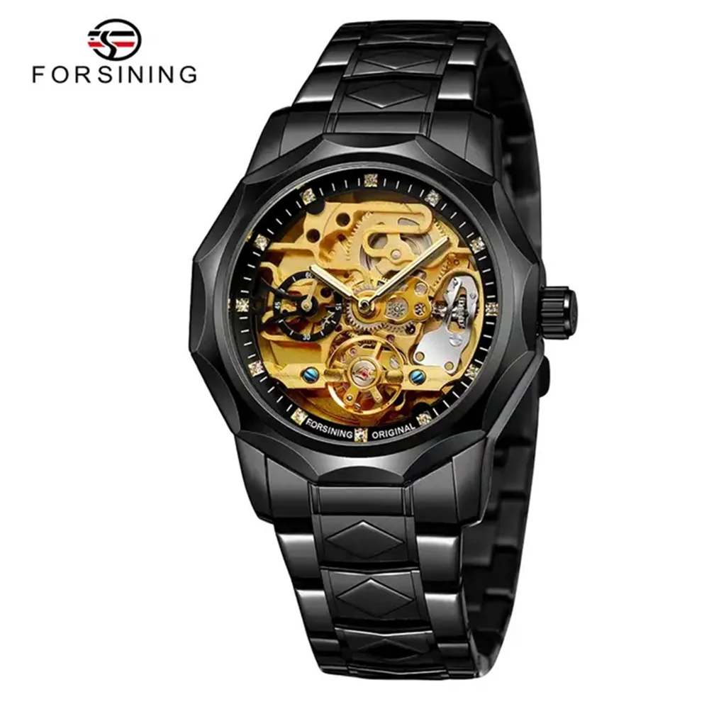 Forsining 199A Hot sell Brand Skeleton Transparent Stainless Steel Automatic Mechanical Male Wrist Watches for Men montre homme