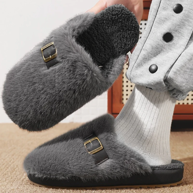 Men's Winter Cotton Slippers Large-sized Home Suede Two-color Flat Heel Split-on Soft-soled Anti-slip Silent Casual Cotton Shoes