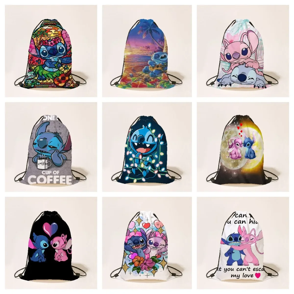 

MINISO Disney 3D Stitch Peripheral Student Drawstring Bag Large Capacity Drawstring Bag Children Cartoon Drawstring Backpack