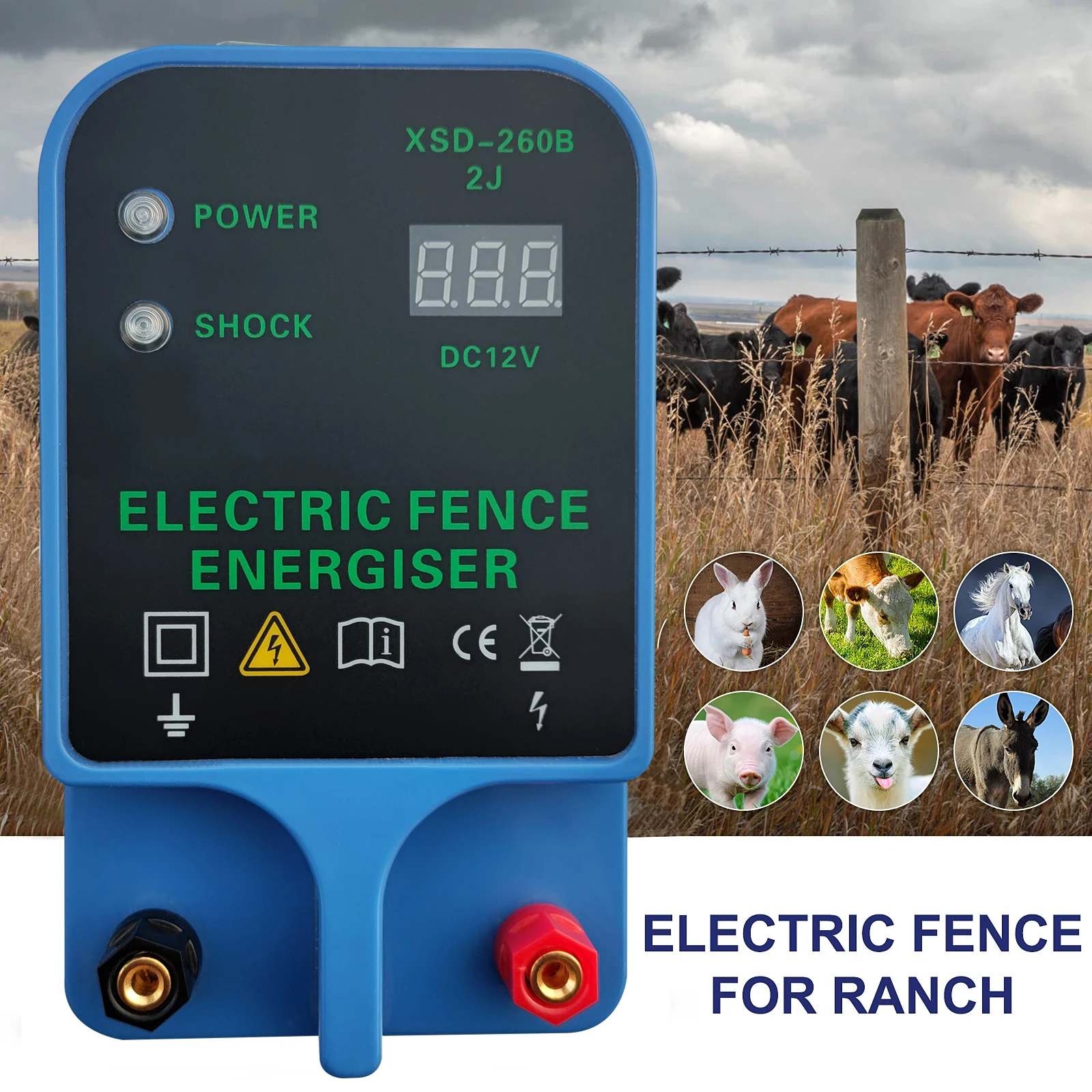 

10KM Electric Fence Energizer Livestock Output LCD High Voltage 10.5KV Controller Sheep Cattle Horse Poultry Energizer Tool