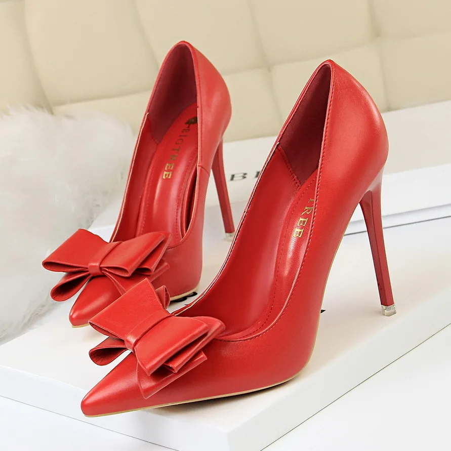 thumbnail image 1 of Zapatos de mujer 2024, moda coreana, tacones altos dulces, pajarita de muesca delgada, zapatos de tacón individuales para boda, zapatos de mujer, 1 of 4
