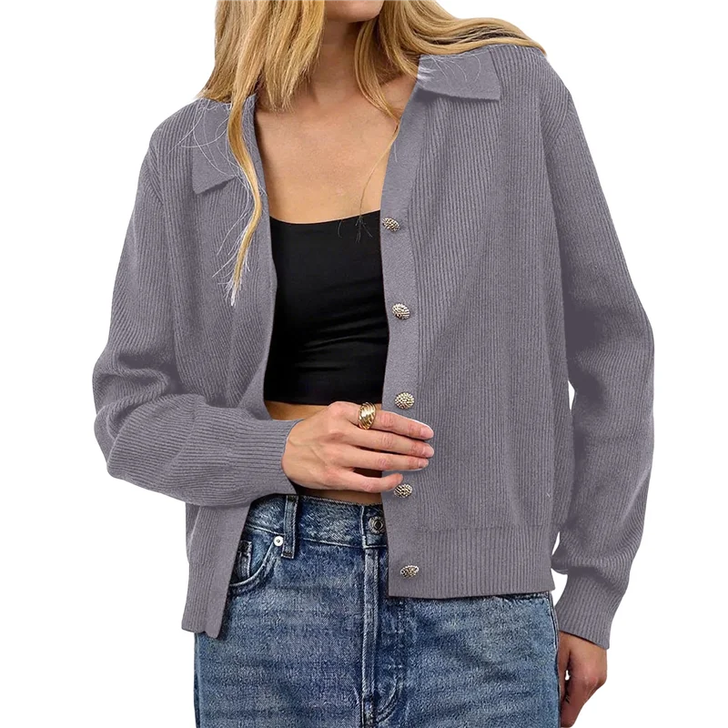【가격 인하】여성용 라펠 칼라 스웨터 버튼업 오픈 프론트 가을 니트 재킷 귀여운 긴 소매 버튼다운 가디건