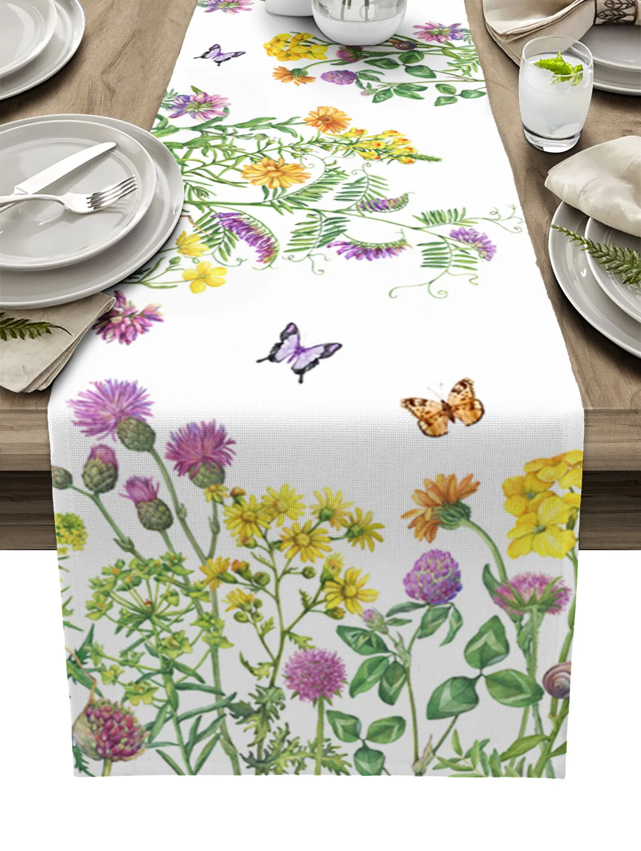 Spring Flower Butterfly Table Runner Kitchen Dinner Table Cover Wedding Party Decor Cotton Linen