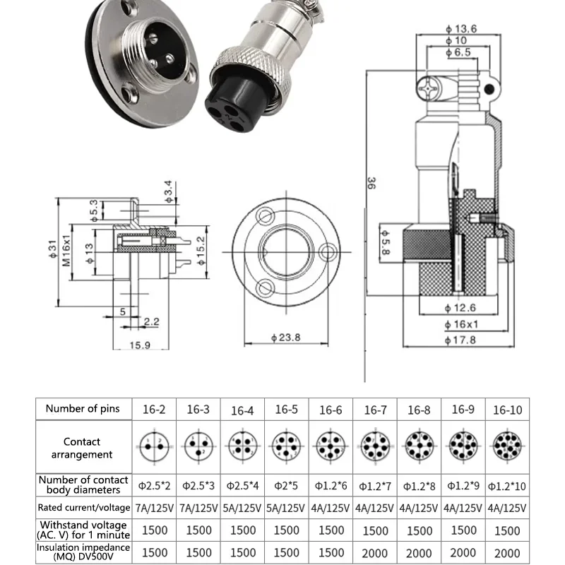 5/20/100PCS GX16 2 3 4 5 6 7 8 9 10pin Flange Mounting Fixing 3-Hole Aviation Connector Plug&Socket Circular Connectors