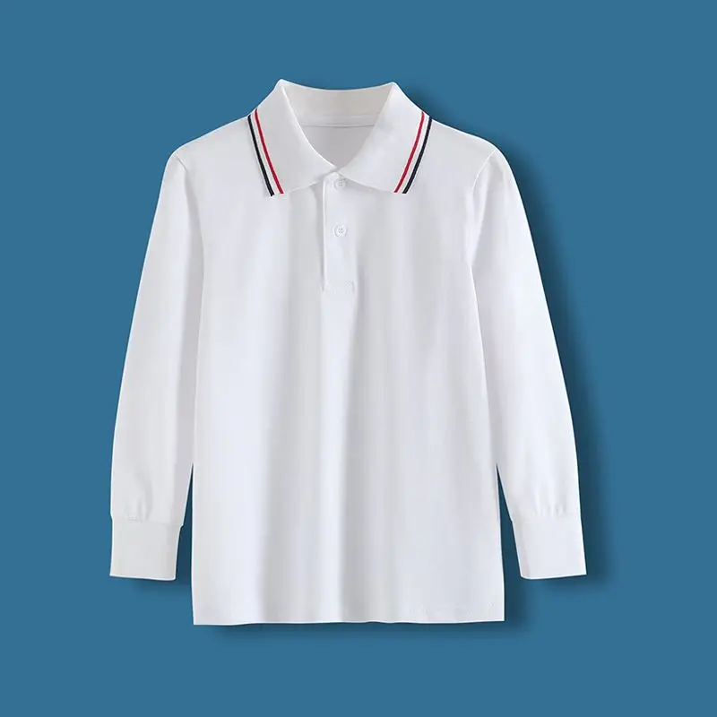 Children's Long Sleeved, Boys Girls, Middle-Aged Young Children, Pure Cotton Collar, Primary School Uniform, White Polo Shirt,