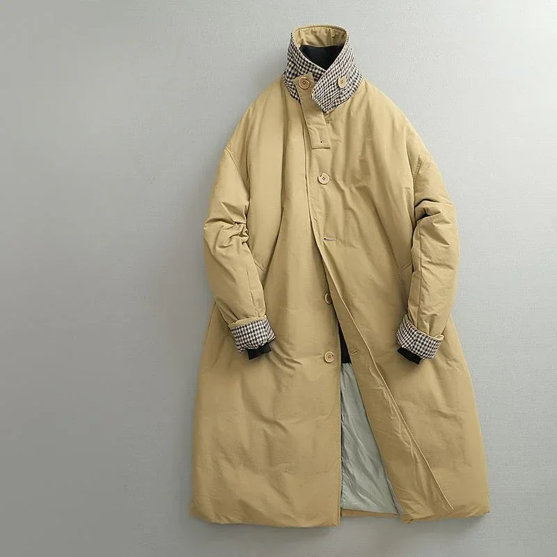 Winter Retro Color-block Collar Cotton-padded Parkas Classic Mid-length Over-the-knee Causal Loose High Street Windbreakers 2