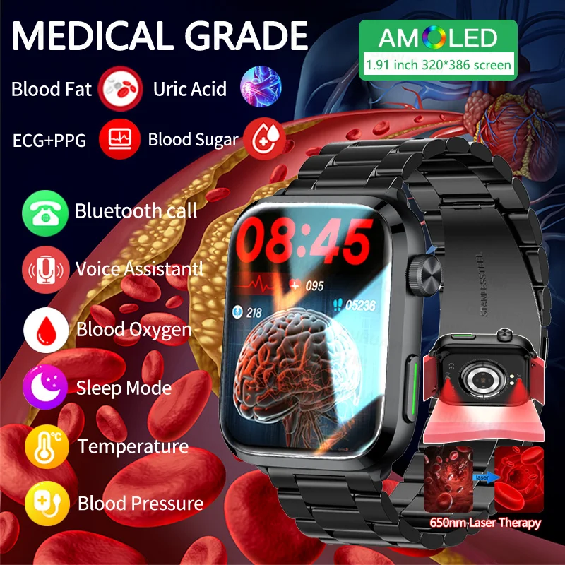2024 New Medical Grade Laser Therapy Health Smart Watch Men Blood Glucomb Blood Lipid Temperatura Corporea Bluetooth Call Smartwatch