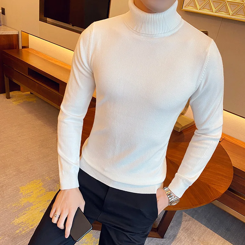Men's High Quality Pullover Casual Knitted Sweater/Male Slim Fit High Collar Fashion Tight Knit Shirt/Man Knit Sweaters Clothing
