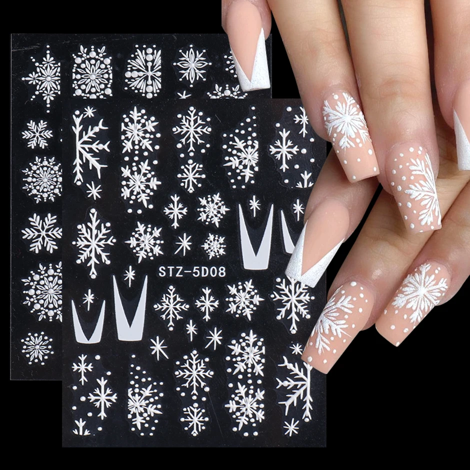 5D Winter Christmas Nail Art Decoration Sticker Embossed Charms Snowflakes French Nail Design Gel Polish Manicure Decals nail stickers nail art decoration nail decals