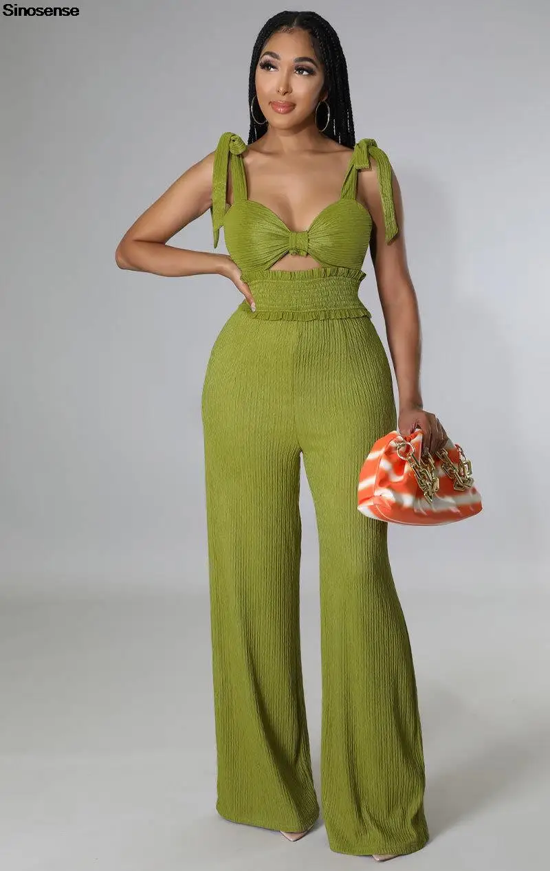 

Women Tie Strap Wide Leg Pants Jumpsuit Sexy Sleeveless Cut Out Summer Pleated One Piece Casual High Waist Club Party Romers