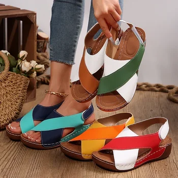 Women's Contrast Color Wedge Sandals Summer Peep Toe Non Slip Beach Shoes Woman Comfortable Platform Roman Sandalias Mujer 2025