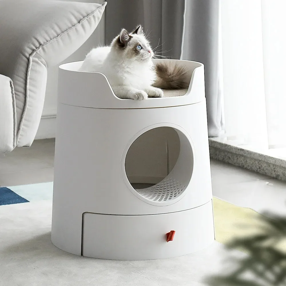 제조업체 화이트 원형 플라스틱 고양이 화장실 (청소 기능 포함)