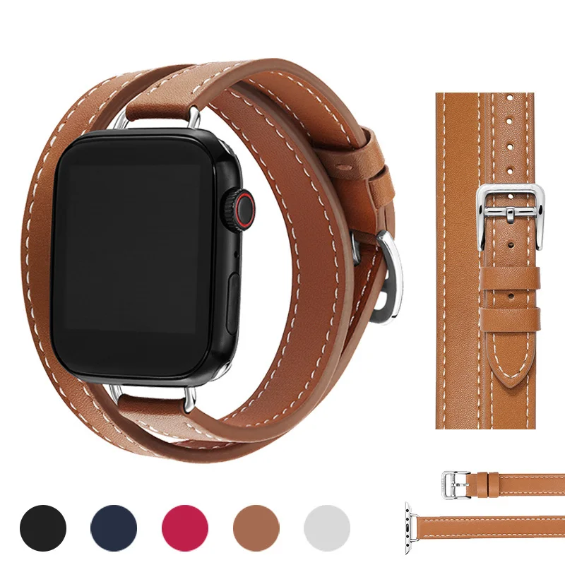 

Ремешок кожаный для Apple Watch Band 44 мм 45 мм 40 мм 41 мм 49 мм 42 мм, браслет двойной Tour correa для IWatch Series 8 7 6 Ultra SE
