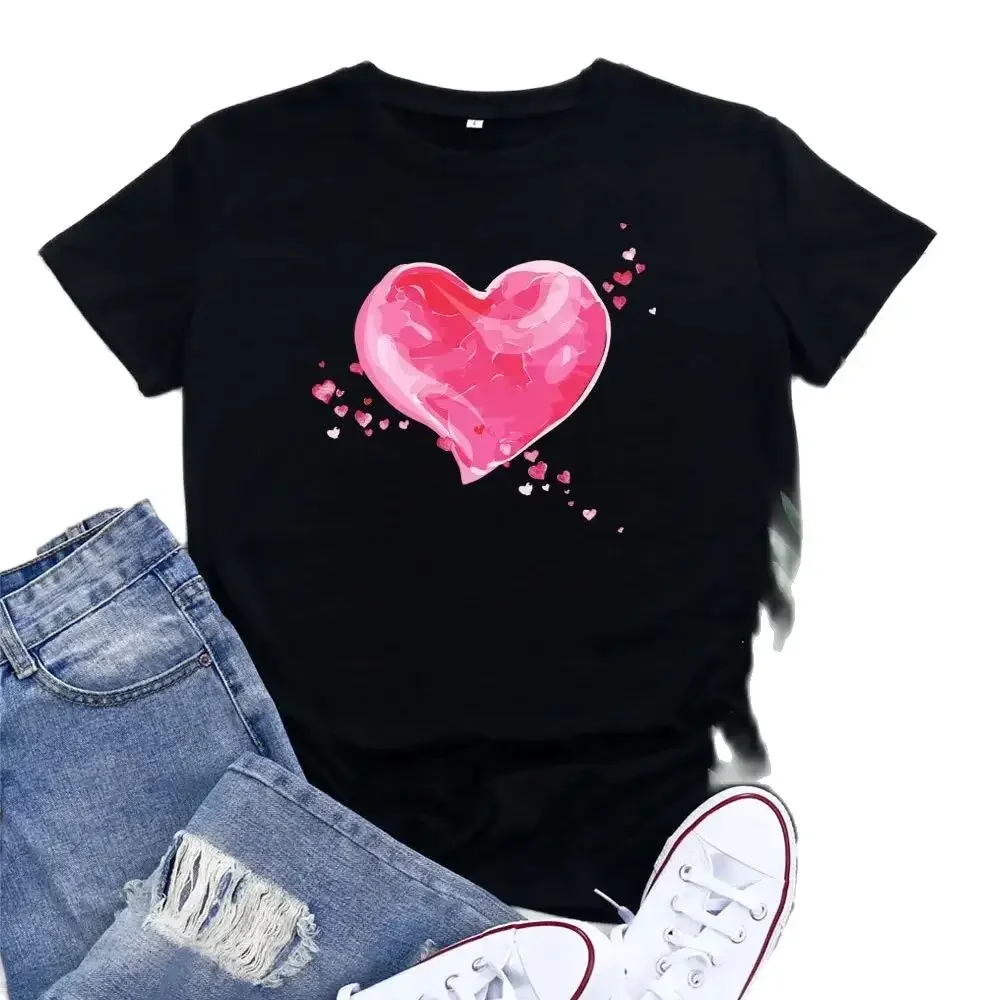 

Women's European American Large Size Heart Design Printed Short Sleeve T-shirt Women's Top Summer Fashion Casual Girl T Shirt