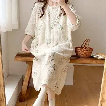 100% Cotton Double Gauze Nursing Nightdress for Maternity Summer Soft Thin Floral Printed Sleepwear Pregnancy Home Hospital Wear