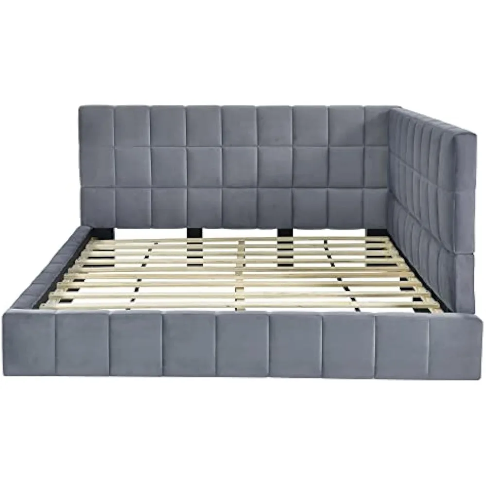 Upholstered Daybed, Mid Century Day Bed Frame with A Backrest and Armrest, Velvet Corner Beds for Living Room, Bedroom, Gray 5