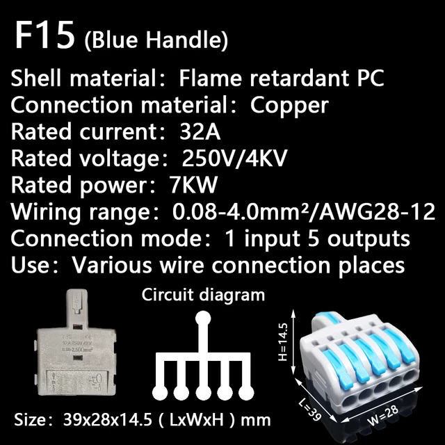 Mini Fast Wire Cable Connectors Universal Compact Conductor Spring Splicing Wiring Connector Push-in Terminal Block P421 F12 F15 (Blue Handle)