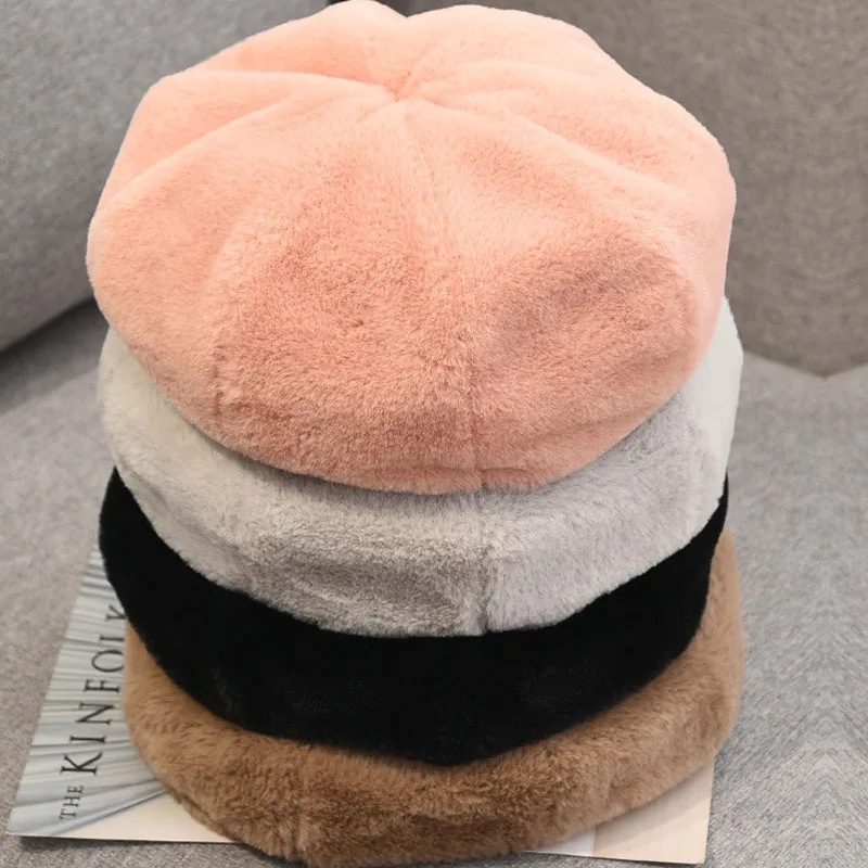 

Women Girls Retro Rabbit Fur Beret Autumn Winter Warm Hat Fashion Pure Color Plush Berets Hat Female Elegant Painter Cap Gorras