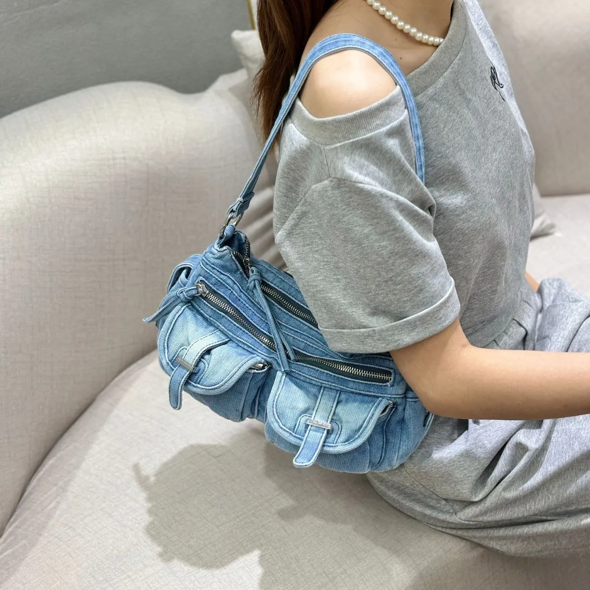 Denim Sewing Fashion Shoulder Bags Multiple Pockets Thread Women's Bags 2025 Hot Sale Leisure Versatile Women's Handbags