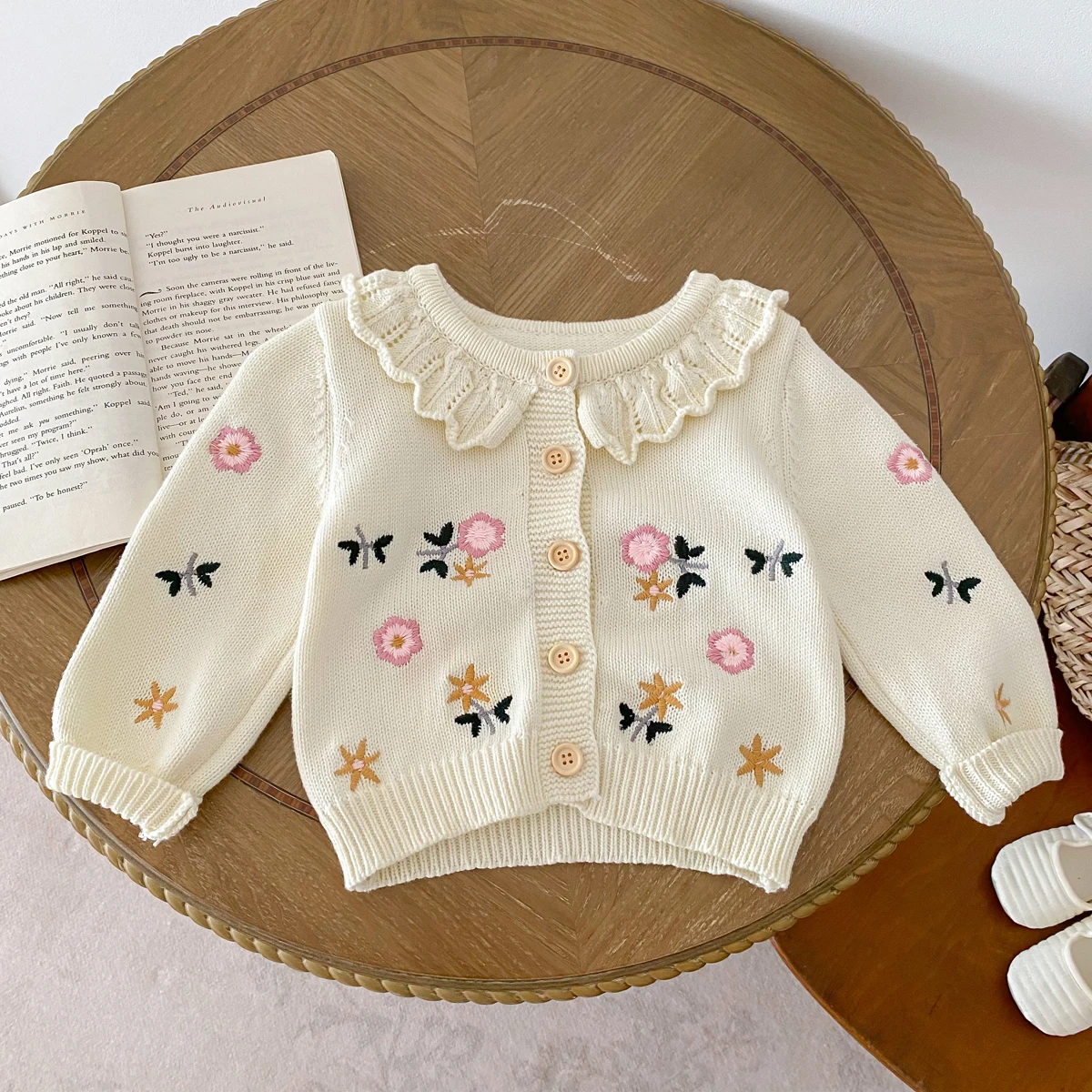 Baby Girls Sweater Korean Style Newborn Cardigans Baby Girls Knit Frilled Collar Floral Print Elegant Sweaters 0-3yrs