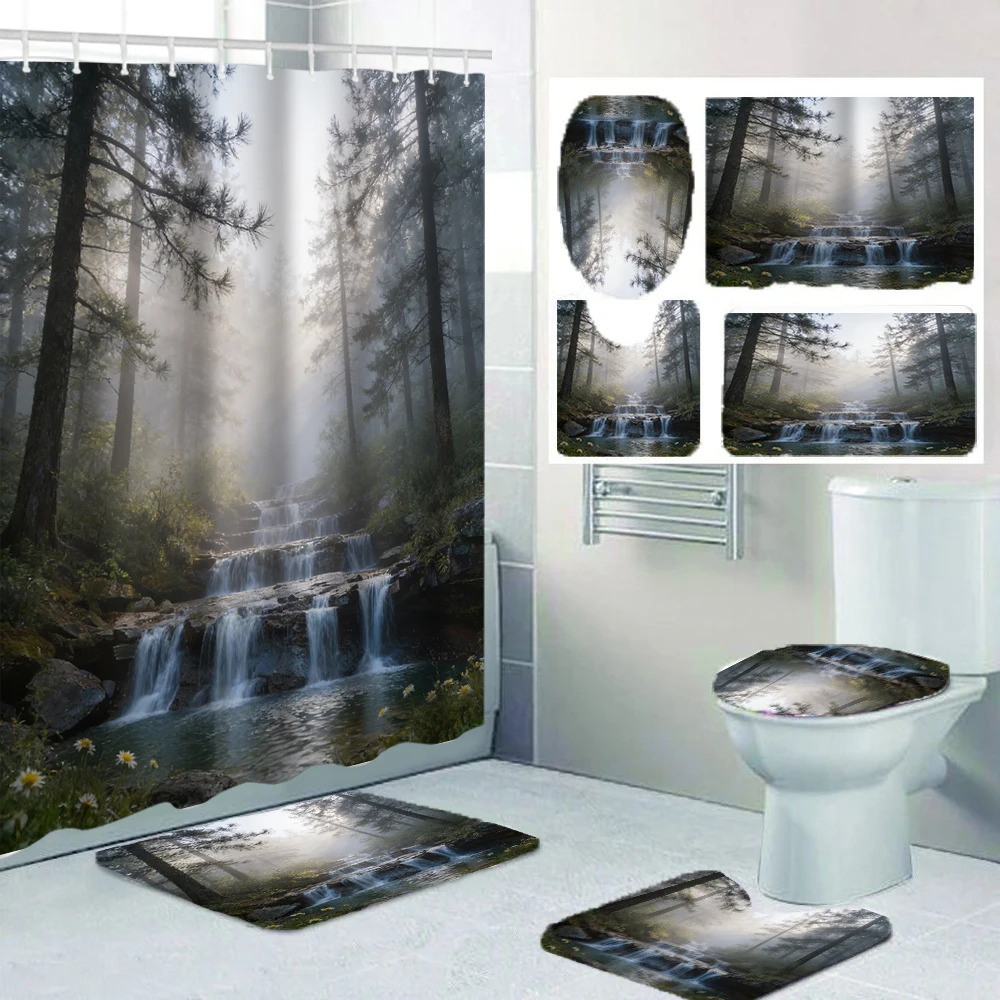 4/1 Forest Landscape Shower Curtain Set, Toilet Seat Decoration, Shower Curtain with Carpet and Toilet Lid, Size 70.8x70.8 inche