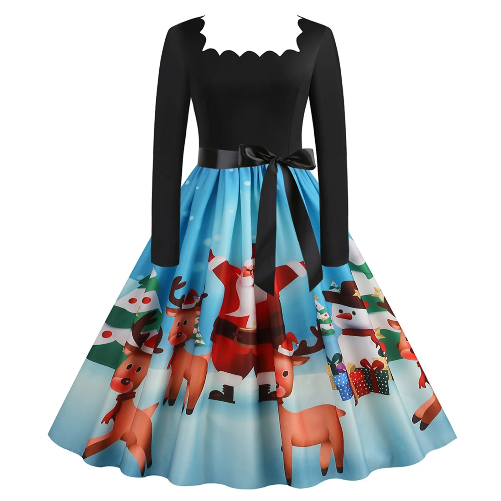 

Christmas Casual Print Womens Dress Fashion Square Collar Long Sleeve Evening Party Dresses Patchwork Cocktail Swing Vestido New