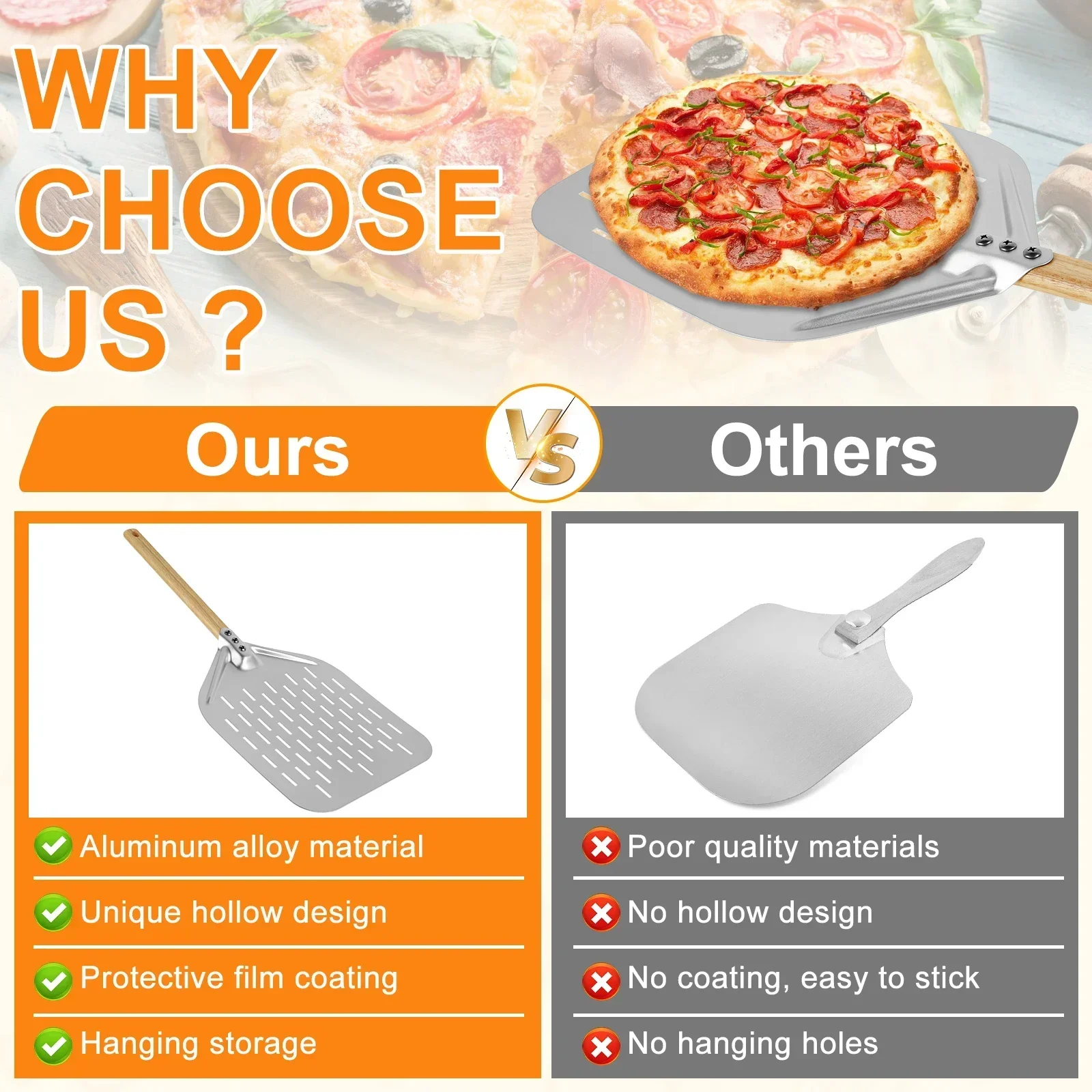 Aluminium Alloy Pizza Shovel With Wood Handle Non-Stick Perforated Pizza Shovel Lightweight Peel Baking Tool 12inch