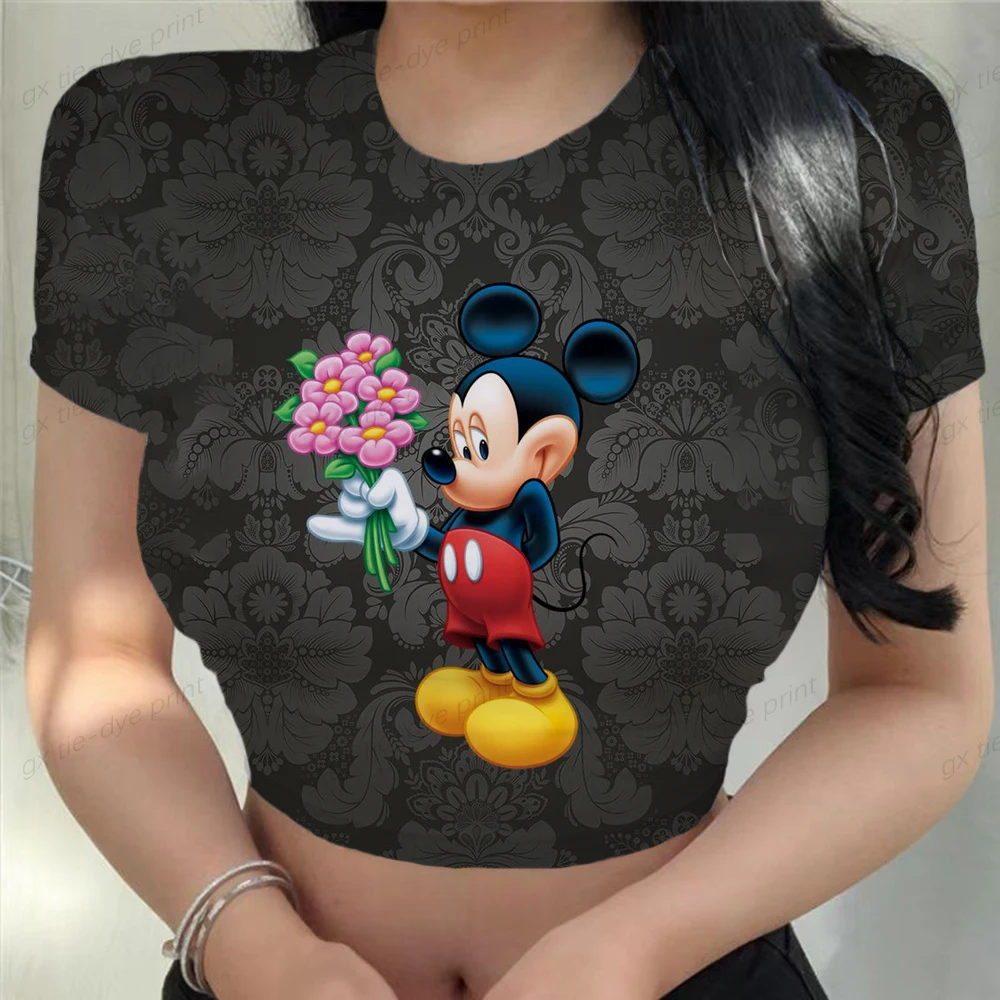 

Women T-Shirt Crop Top Short Sleeve Tees Harajuku Pulovers Disney Minnie Mickey Mouse Print Streetwear Korean Fashion Y2k Clothe