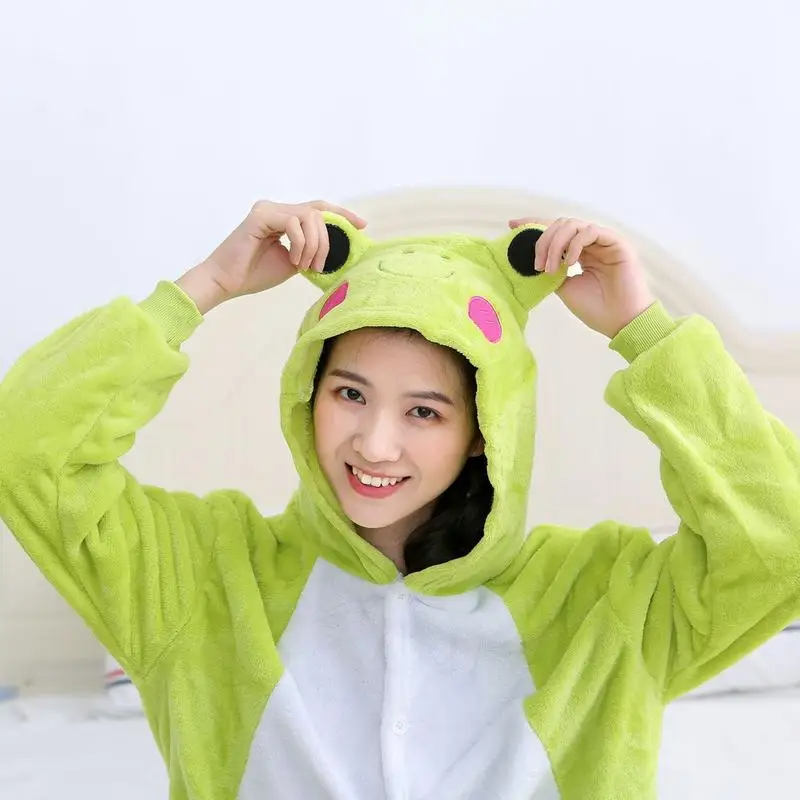 Animal Pajamas Frog Blanket Cartoon Frog Zippered Flannel Onesie With Pockets Warm Unisex Costume For Role-Play Homewear Camping