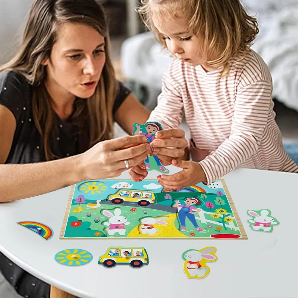 Wooden Song Peg Puzzle 6pc Wooden Ms Rachel Cartoon Scene Puzzles with Songs Musical Puzzle Toy Peg Puzzles Board for Kids 2-6Y 2