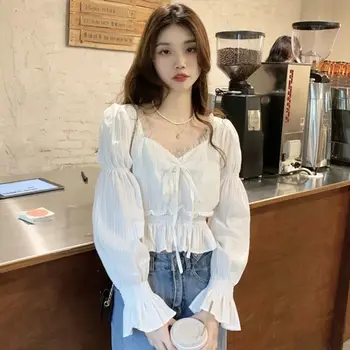 여성 레이스 콜라주 웨이스트 브이넥 블라우스 셔츠, 2023 스콜롭 프릴 오버셔츠, 귀엽고 산뜻한 패션, 봄 가을 신상