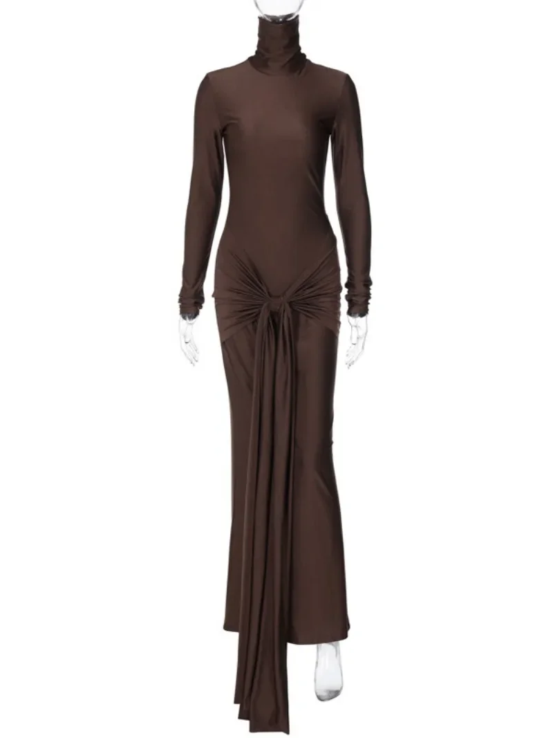 Fashion Women 2025 Spring Turtleneck Bandage Long Dress Elegant Ladies Autumn Bodycon Solid Holiday Party Dresses High Street 5