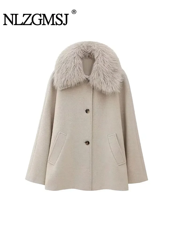 

Nlzgmsj TRAF 2024 Women Winter Coat Faux Fur Collar Jackets Woman Autumn Woolen Coats For Women Warm New Outerwear