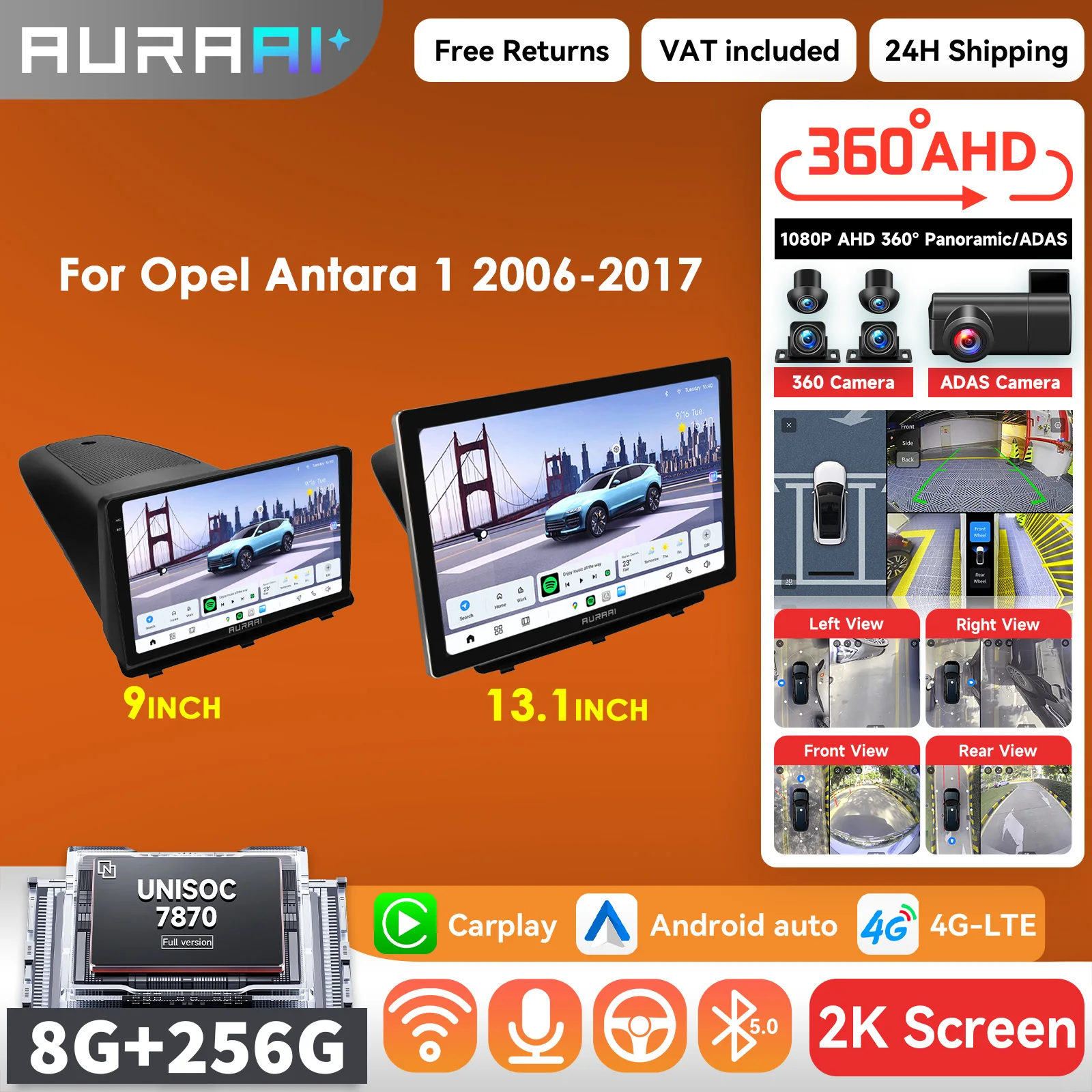 Sistemas inteligentes para coche AURAAI para Opel Antara 1 2006 - 2017, reproductor multimedia con Carplay y Android Auto, radio, ADAS, cámara 360, control por voz con IA, unidad principal, DSP, RDS, 4G, Wifi 1